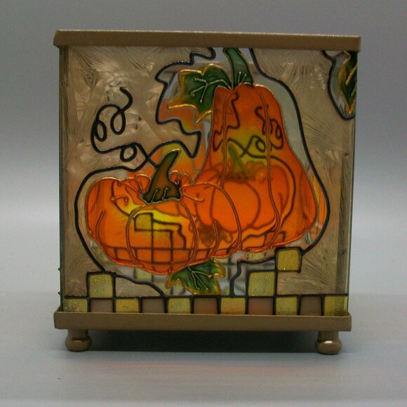Harvest Pumpkins Stain Glass Footed Tealight Votive Holder - Picture 2 of 7